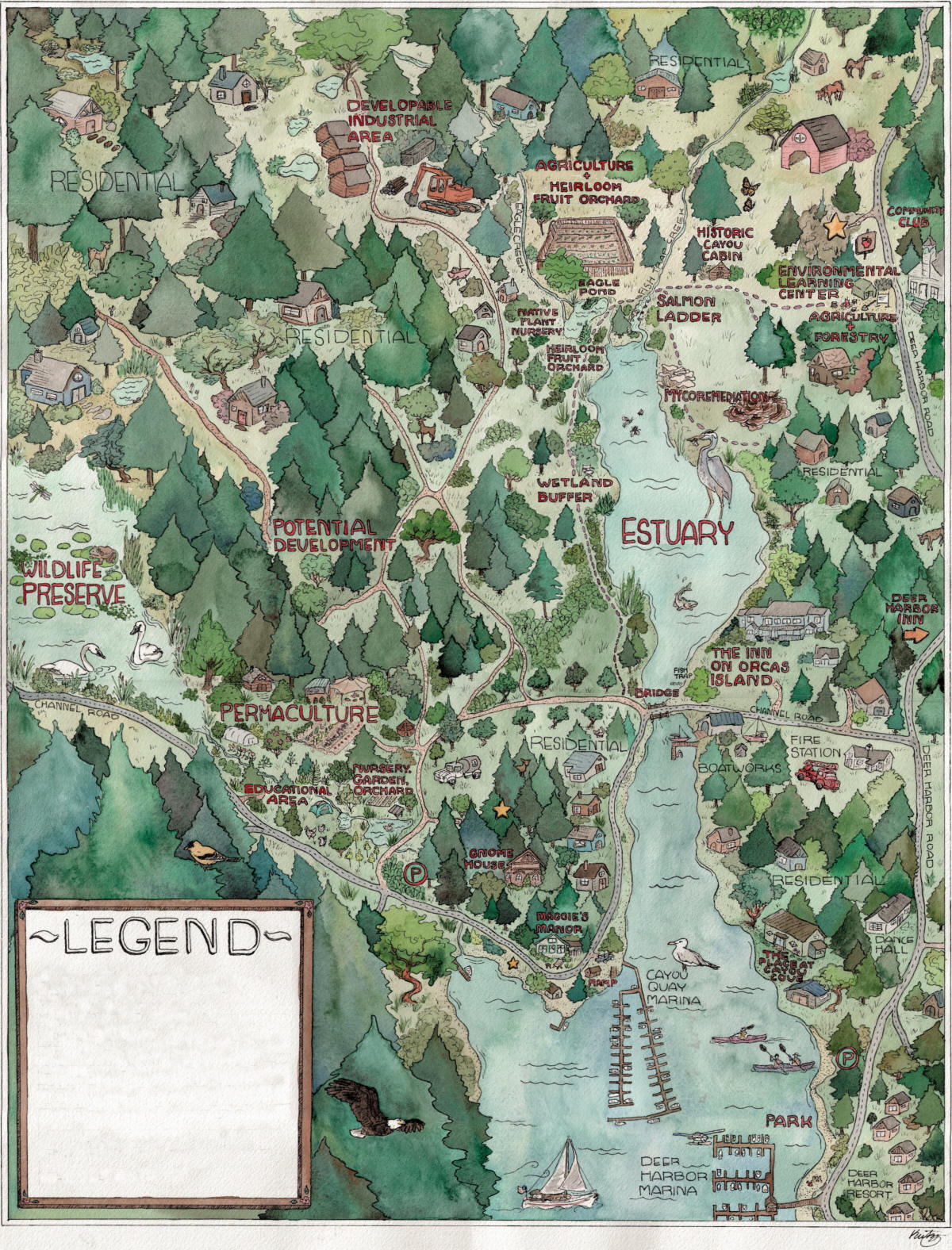 Illustrated map of Connor Deer Harbor Estate prepared by Erica Kutz Graphic Artist